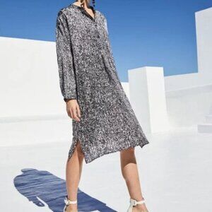 Eileen Fisher Midi Dress Large Black White Shift Silk Cotton Long Sleeve